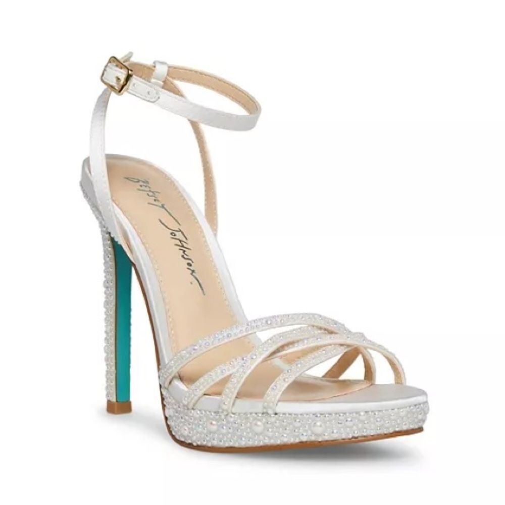 Betsey Johnson White Aden Platform Dress Heeled Sandals Ankle Strap Faux Pearls - Picture 2 of 13